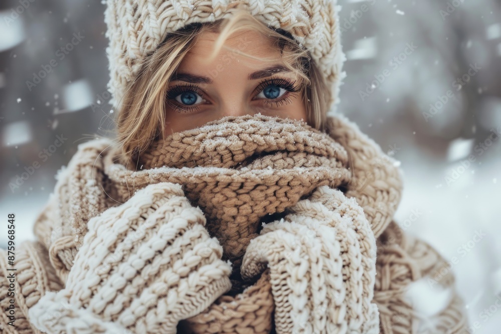 A woman is wearing a cozy winter scarf and mittens in the snow, captured in a stylish A woman is wearing a cozy winter scarf and mittens in the snow, captured in a stylish