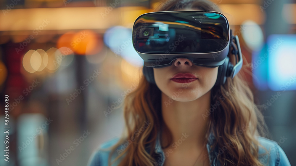 Close-up of a woman using a virtual reality virtual headset Close-up of a woman using a virtual reality virtual headset