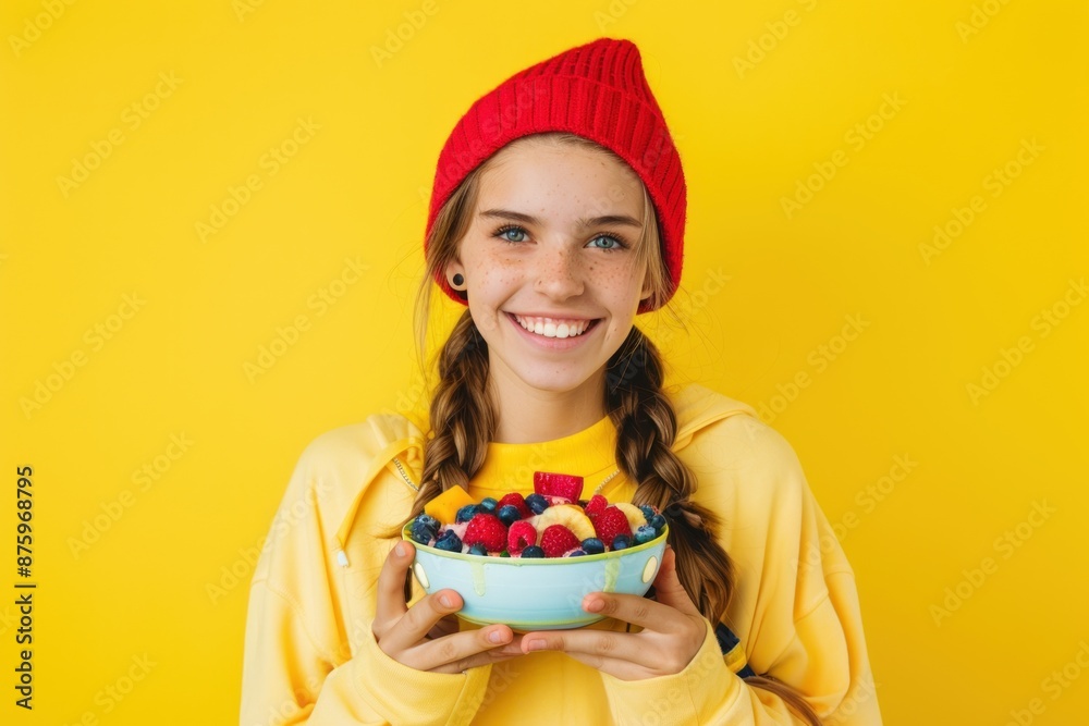A young woman in sportswear holding a smoothie bowl topped with fruits. Yellow background A young woman in sportswear holding a smoothie bowl topped with fruits. Yellow background