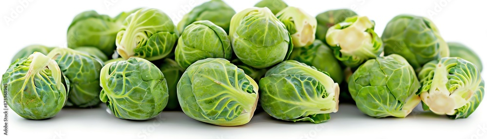 Fototapeta premium Fresh Brussels sprouts pile on a white background, highkey lighting
