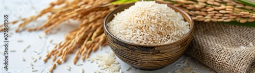 Raw white rice grains displayed in a bowl with a burlap sack and rice plant on a white background