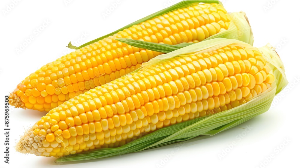 Two fresh yellow corn cobs with husk leaves isolated on a white background Two fresh yellow corn cobs with husk leaves isolated on a white background