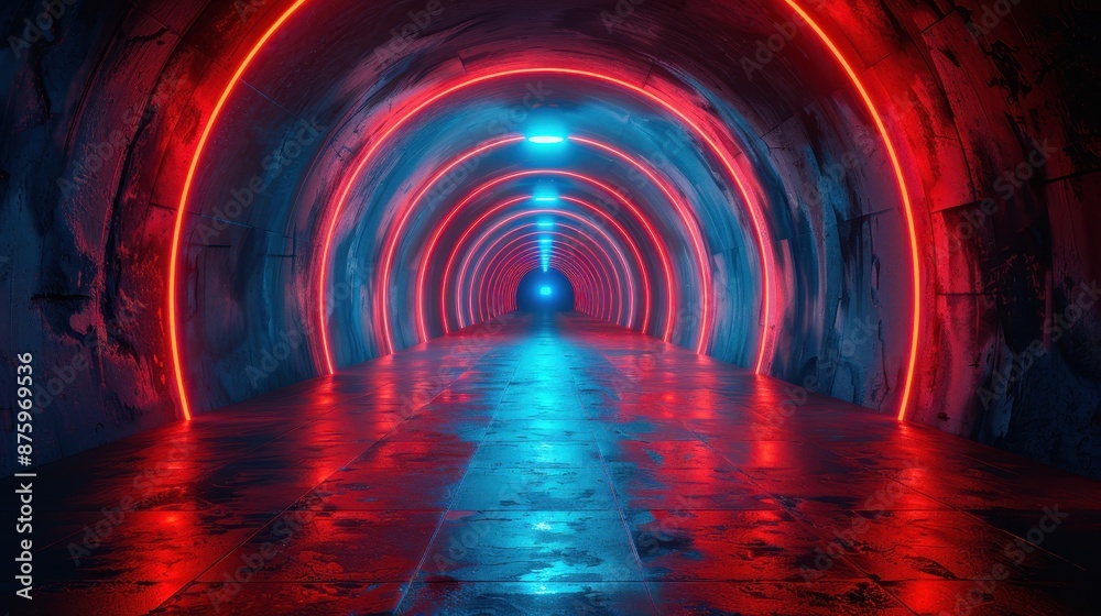 Naklejka premium Abstract Futuristic Neon Tunnel with Red and Blue Lights 3D Rendering
