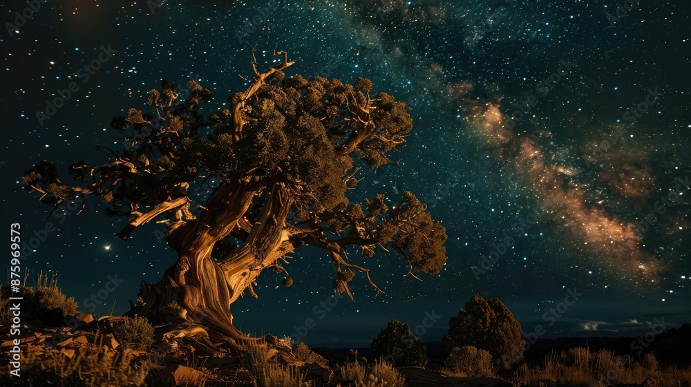 Night Sky Western Juniper Tree and Milky Way with Stars
