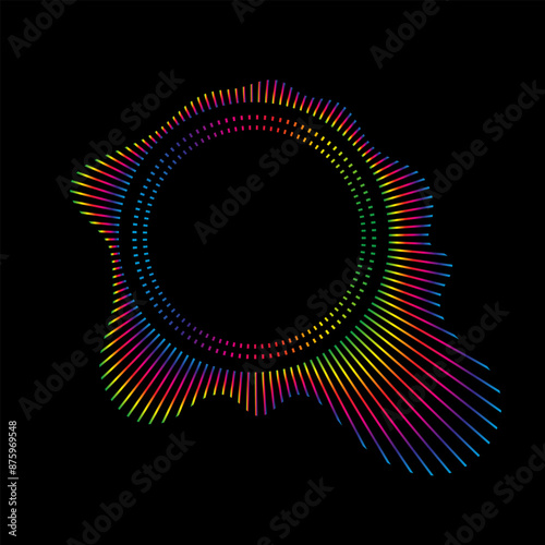 Music equalizer and sound wave. Vector of radial curves spectrum of radio wave oscillations. Multicolored neon sound wave of audio circles.
