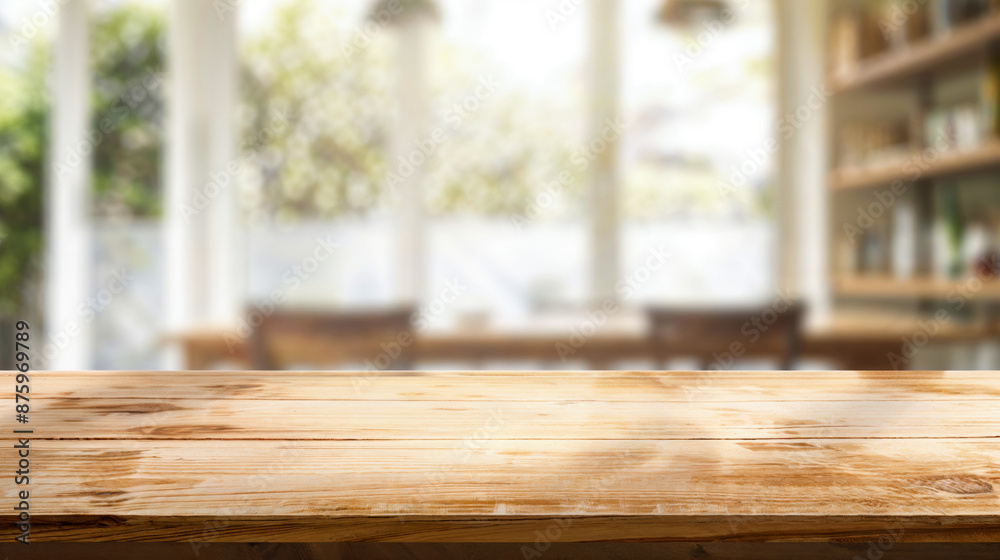 Empty wooden tabletop with blurred cafe background, ideal for product placement Empty wooden tabletop with blurred cafe background, ideal for product placement
