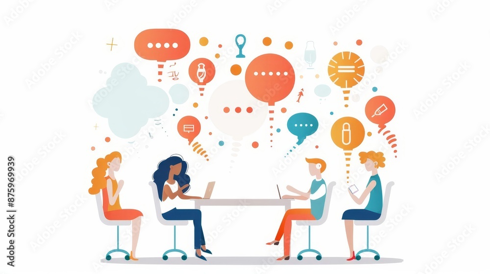 Team meeting, diverse group brainstorming, flat design illustration Team meeting, diverse group brainstorming, flat design illustration