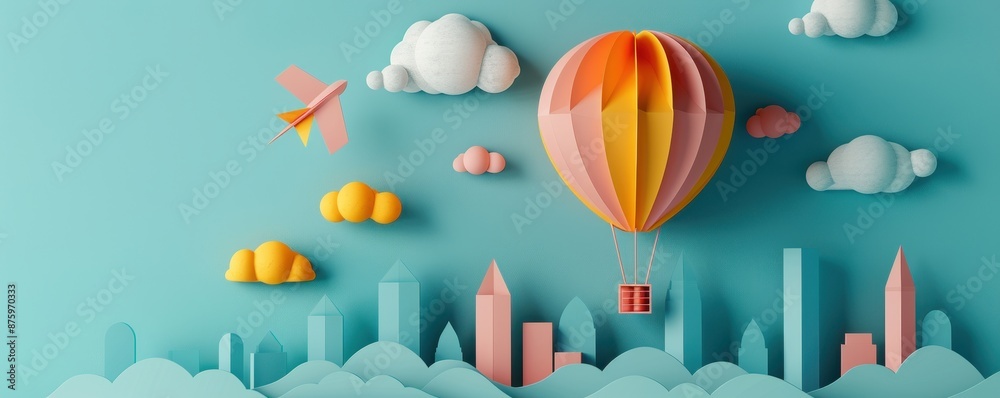 Fototapeta premium Paper Craft Hot Air Balloon Over Cityscape with Clouds and Plane