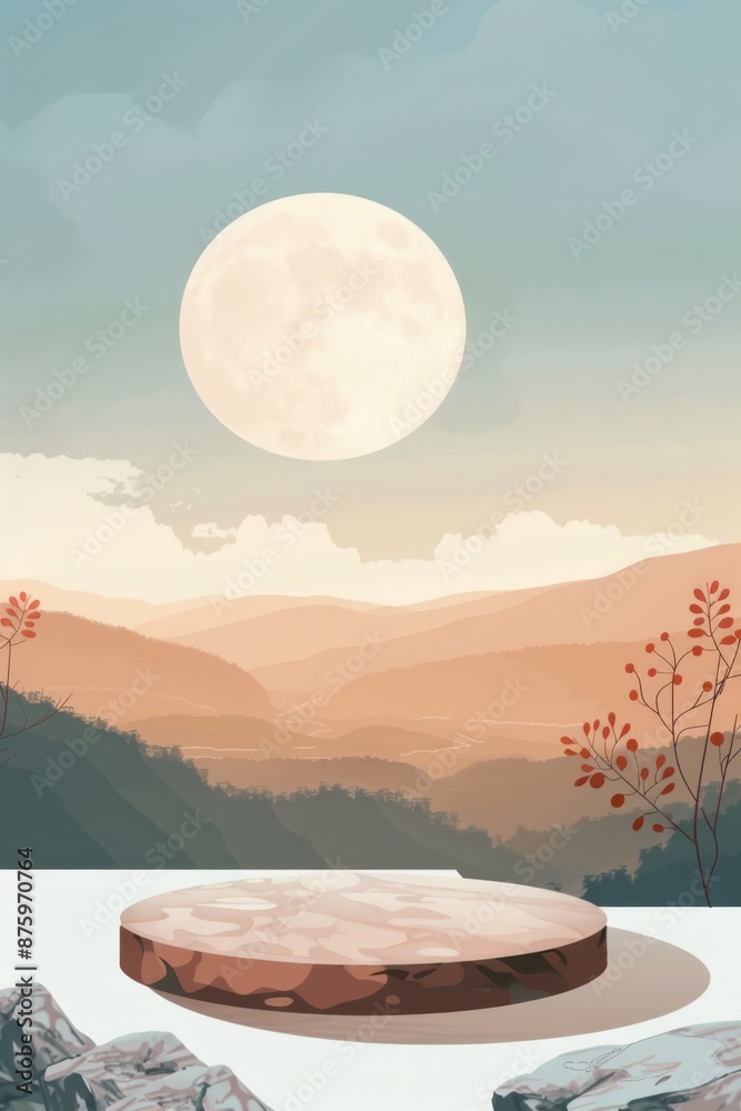Product presentation podium in the form of a flat stone view of the landscape from behind, illustration Product presentation podium in the form of a flat stone view of the landscape from behind, illustration
