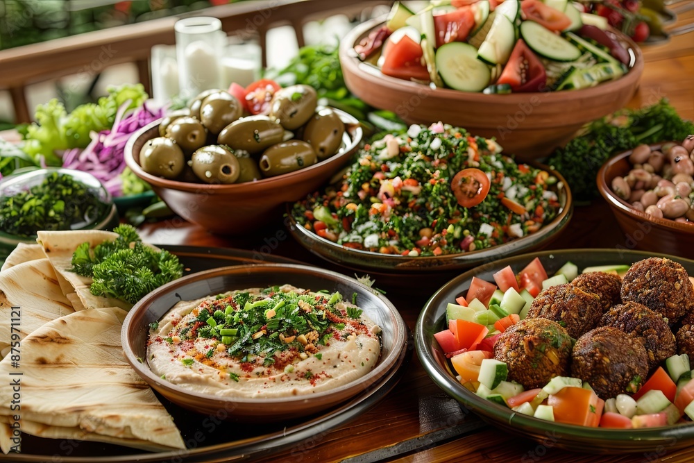 A Middle Eastern Feast with Hummus, Salads and Falafel A Middle Eastern Feast with Hummus, Salads and Falafel