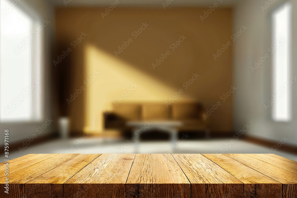 Product display on an empty wooden table top with a blurred living room background Product display on an empty wooden table top with a blurred living room background
