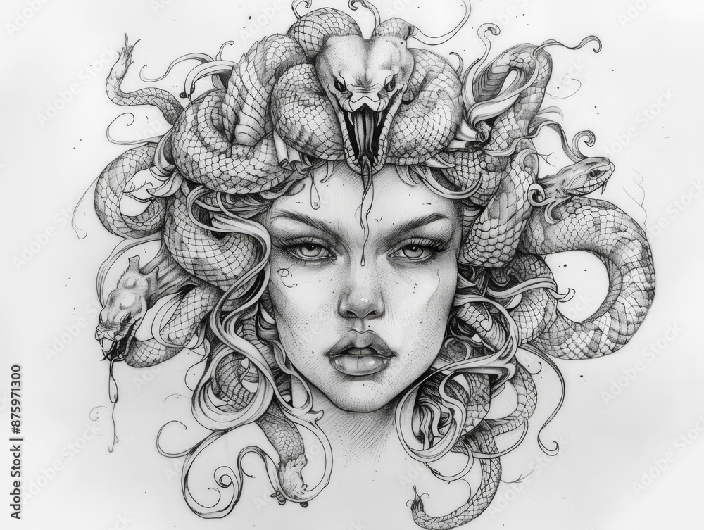 Outline tattoo design in black and white medusa with snake in her hair white background