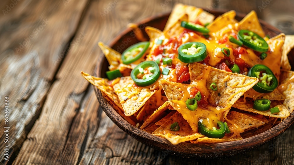Freshly made nachos topped with melted cheese, jalapenos, and green onions in wooden bowl Freshly made nachos topped with melted cheese, jalapenos, and green onions in wooden bowl