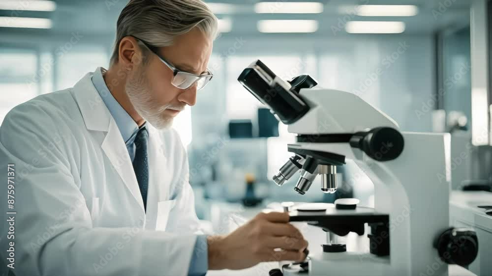 Scientist examines specimen with microscope in brightly lit lab. Fragile X Awareness Day Scientist examines specimen with microscope in brightly lit lab. Fragile X Awareness Day