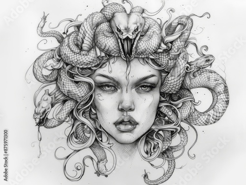 Obraz na płótnie Outline tattoo design in black and white medusa with snake in her hair white background w salonie