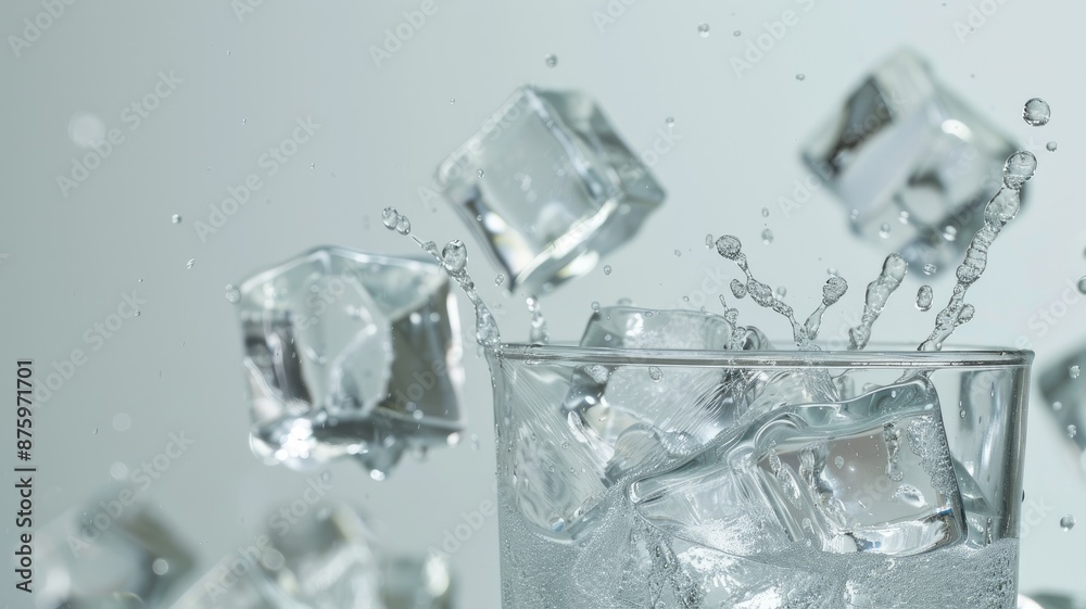 Ice cubes splashing into glass of water Ice cubes splashing into glass of water