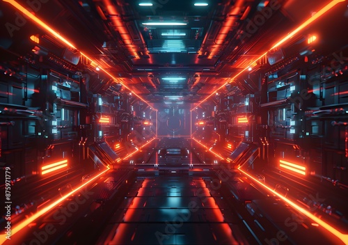 Abstract Sci Fi Corridor With Red Neon Lights