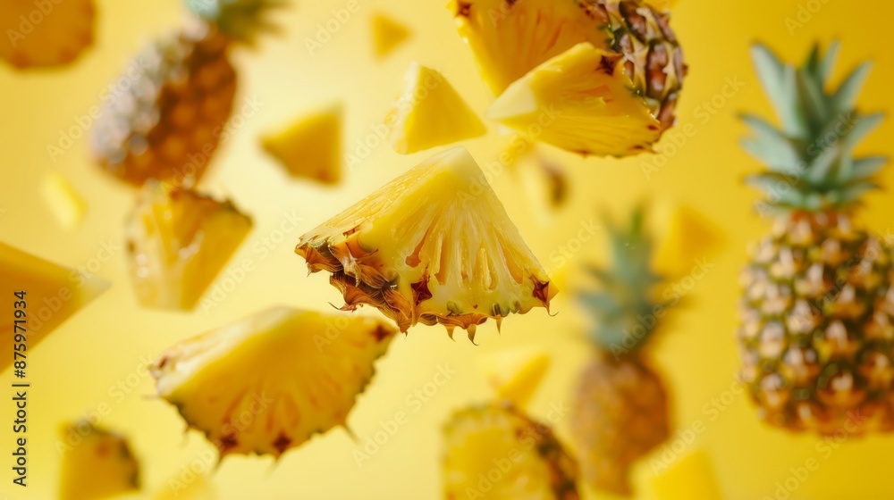 In perspective pieces of pineapple in dynamic sliced a a poses studio background photo with 16mm lens wide shot fujifilm x100v In perspective pieces of pineapple in dynamic sliced a a poses studio background photo with 16mm lens wide shot fujifilm x100v