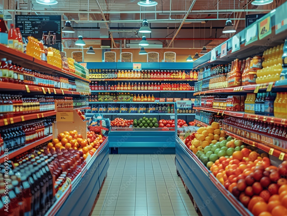 Fototapeta premium In the supermarket many drinks head up perspective 