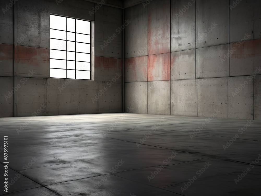 A large, empty concrete room with a single large window. Light from outside shines through the window, casting a sunbeam on the floor A large, empty concrete room with a single large window. Light from outside shines through the window, casting a sunbeam on the floor