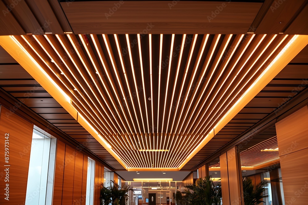 A ceiling with decorative wooden slats and integrated lighting for a warm and modern look. A ceiling with decorative wooden slats and integrated lighting for a warm and modern look.