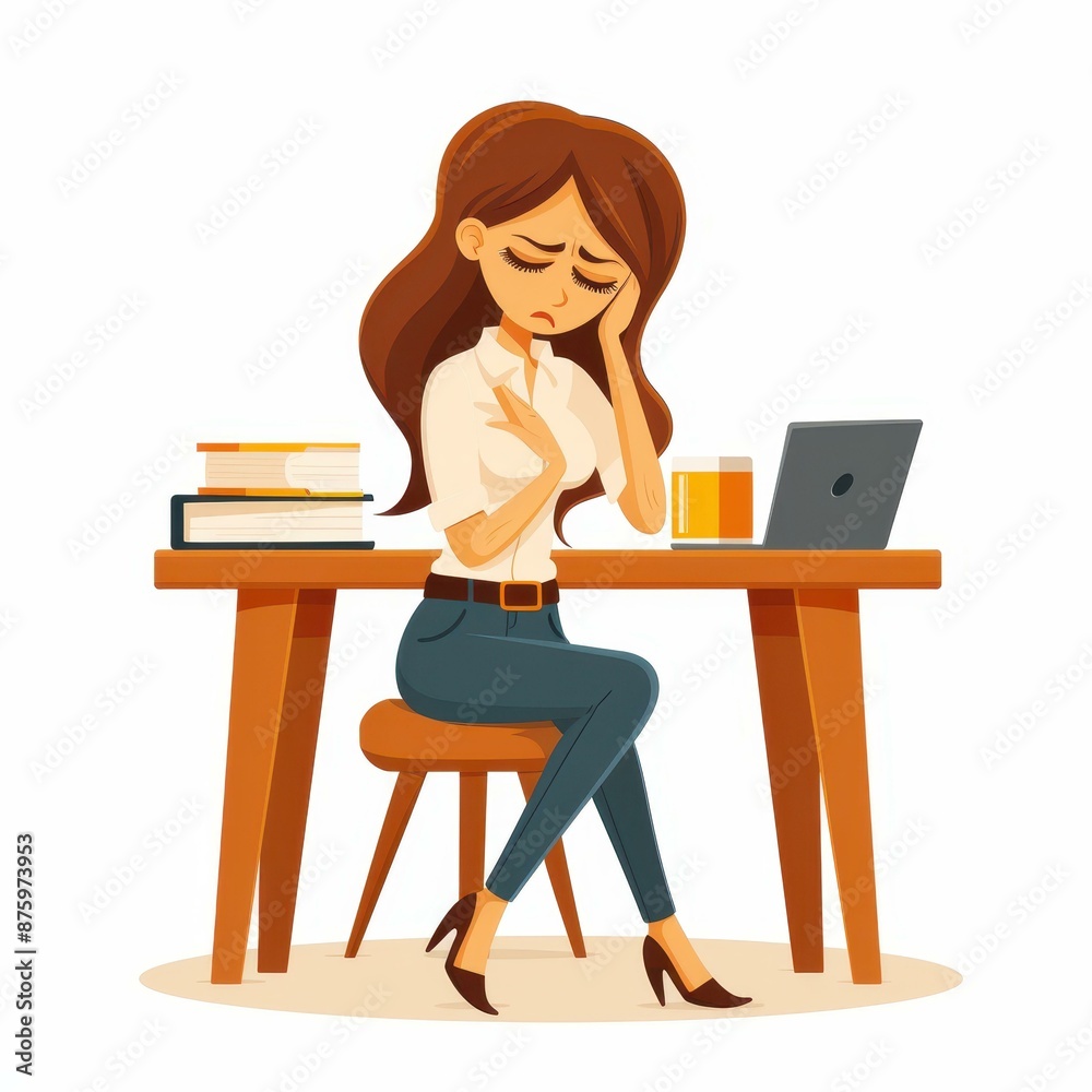 Female worker experience sudden stomachache at work and needs to go home urgently. Female worker experience sudden stomachache at work and needs to go home urgently.