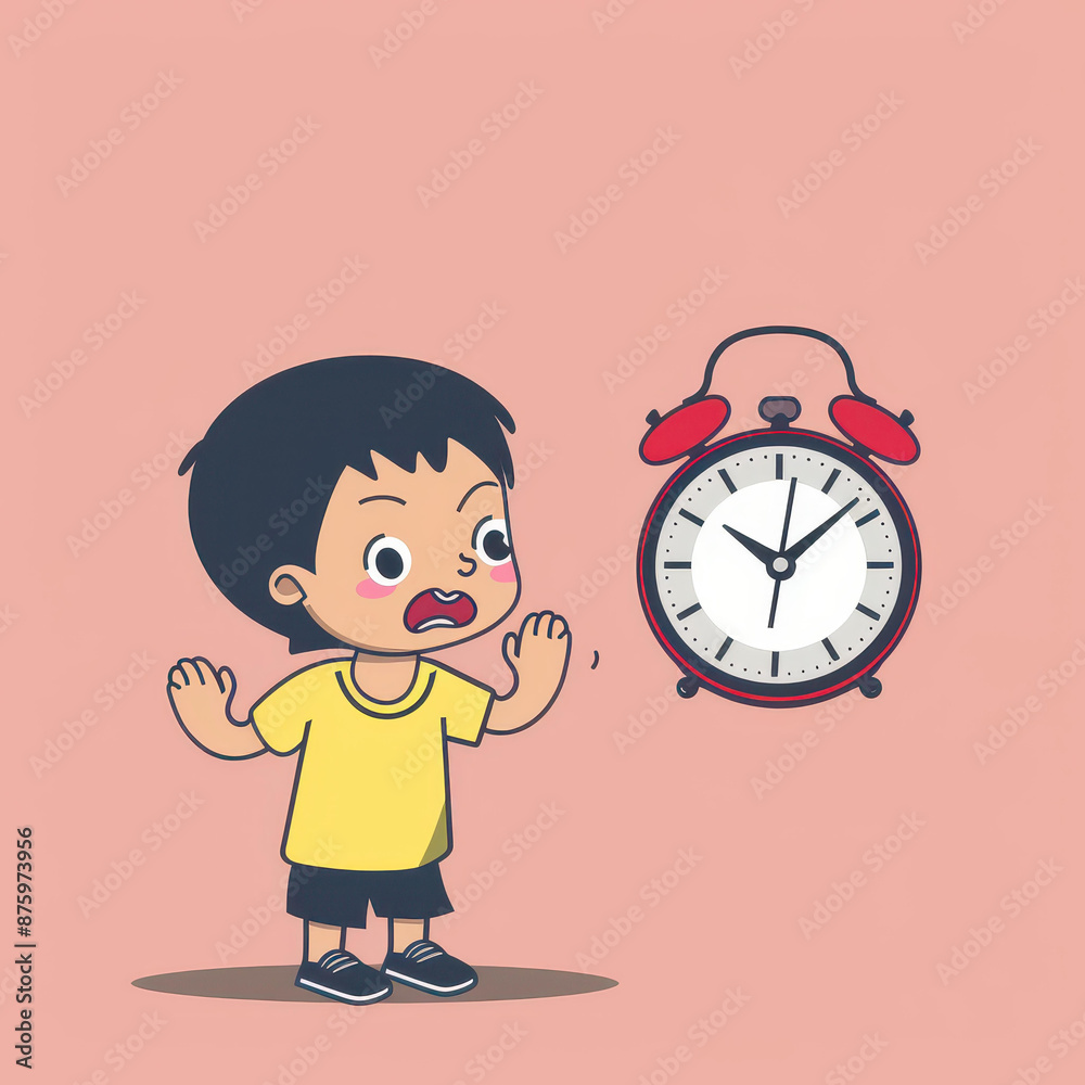Child character in comic style looking puzzled at a clock, vector illustration in solid color. Child character in comic style looking puzzled at a clock, vector illustration in solid color.