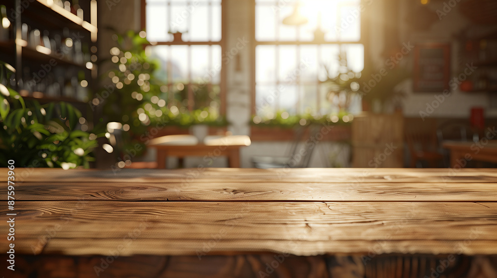 Wooden board empty table in front, background beautiful modern sunlit restaurant in the depth of field. We see a window in the background, the light is warm morning sunlight Wooden board empty table in front, background beautiful modern sunlit restaurant in the depth of field. We see a window in the background, the light is warm morning sunlight