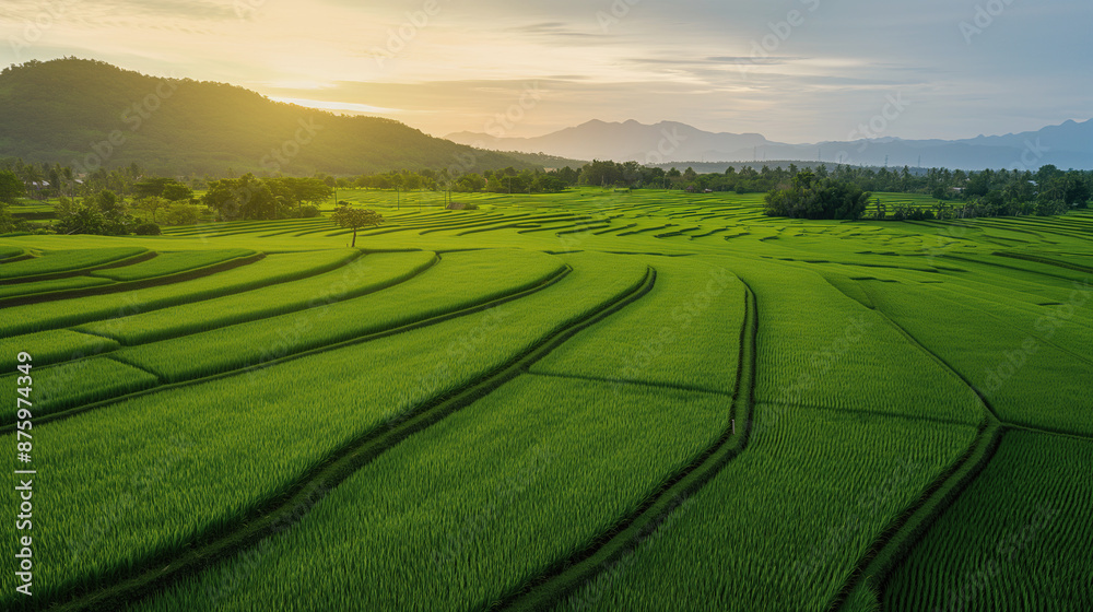 Aerial view of green rice fields. Agricultural landscape in Asia captured by drone. Green field, place for nature travel. Plantation agriculture, rice. Aerial view of green rice fields. Agricultural landscape in Asia captured by drone. Green field, place for nature travel. Plantation agriculture, rice.