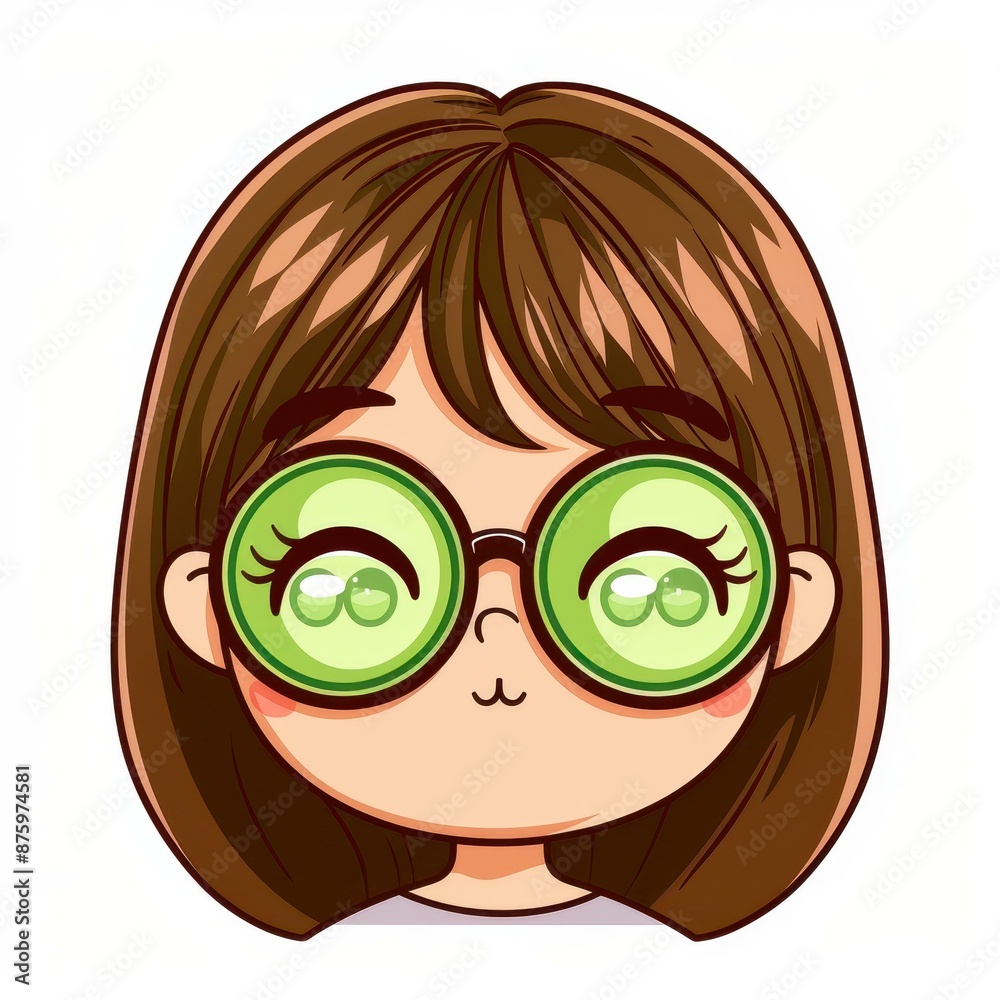Adorable manga chibi illustration of a cute girl in a cucumber eye mask for her skincare routine. Adorable manga chibi illustration of a cute girl in a cucumber eye mask for her skincare routine.