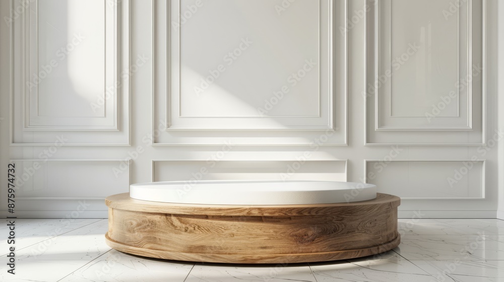 Empty white round podium embodying the quiet luxury style old wood clean white wall background Empty white round podium embodying the quiet luxury style old wood clean white wall background
