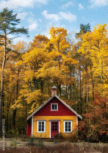 Red and Yellow Cabin in Autumn Forest