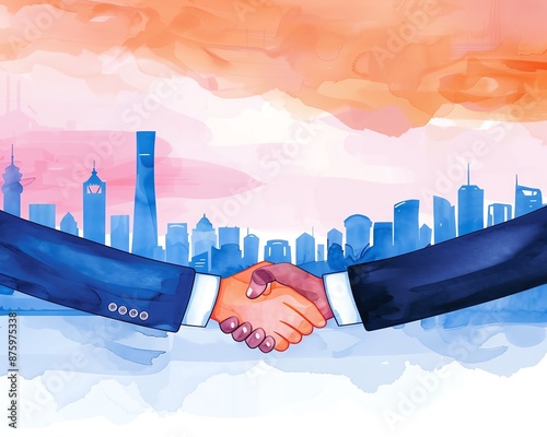 Closeup of a business handshake with a cityscape in the background, urban business, metropolitan networking photo