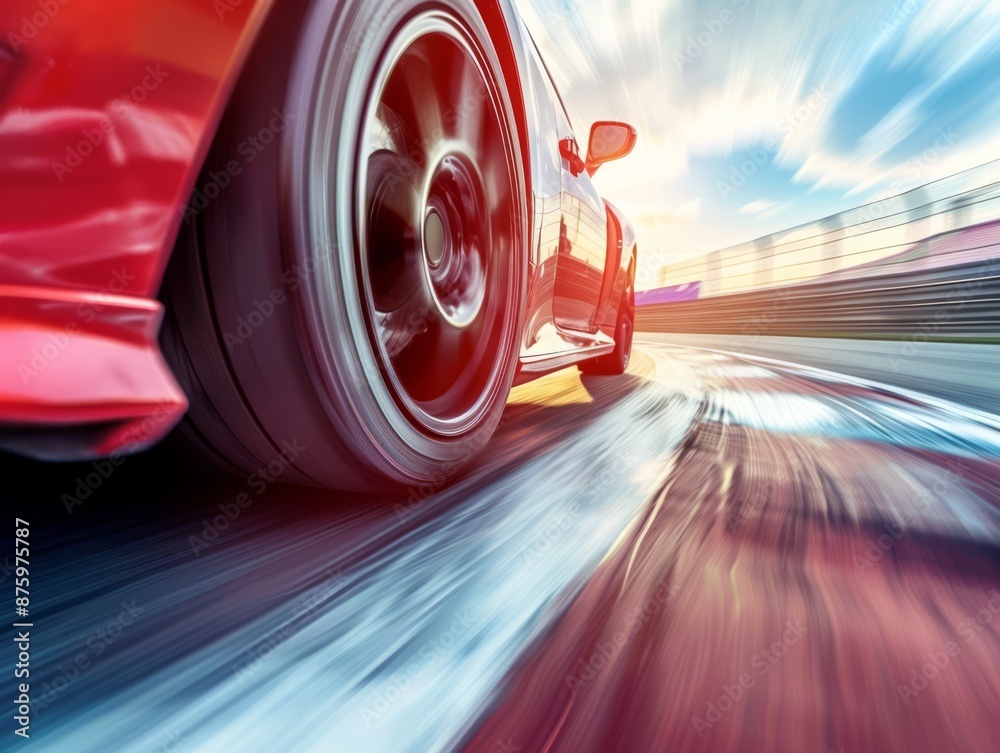 Car racing on track with closeup of tire touching the racing line with motion blur and dynamic action