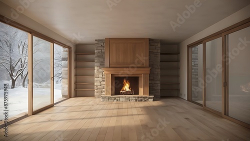 Empty living room with a fireplace and glass sliding door