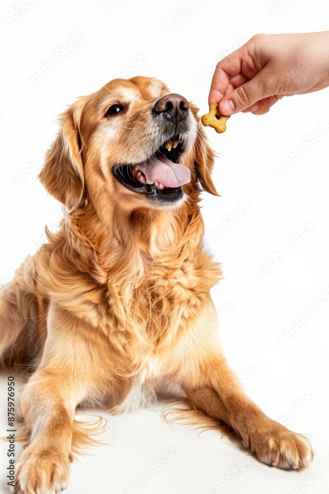A hand is feeding a dog treats the dog is very happy white background