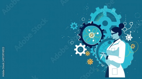 Woman Scientist Working with Gears and Scientific Symbols