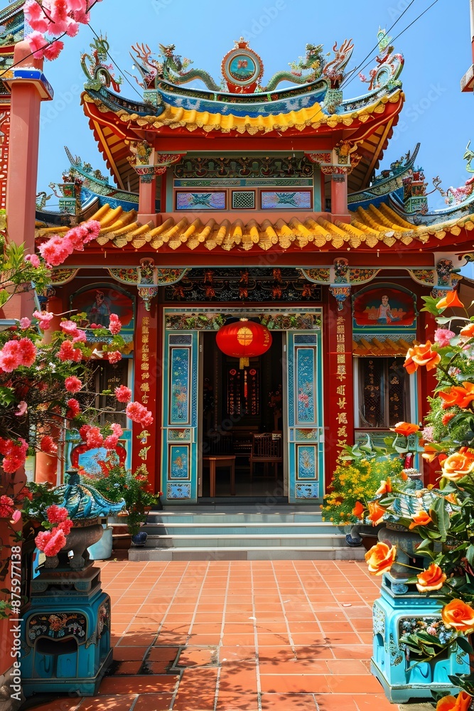 Fototapeta premium Traditional Chinese Temple with Red Roof and Ornamental Dragons