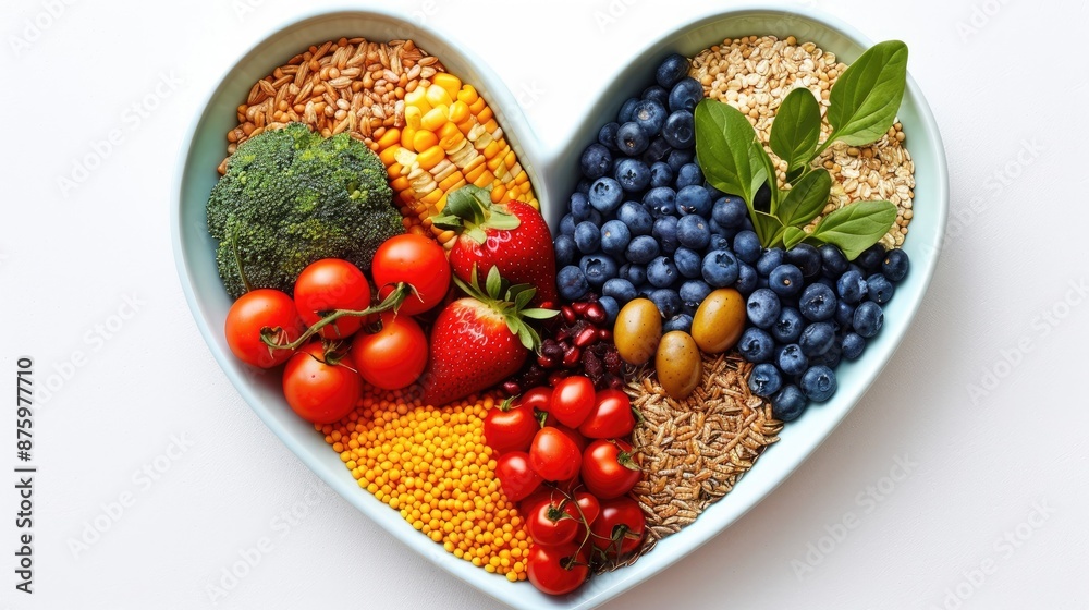 A colorful heart-shaped bowl brimming with nutritious diet foods: fresh fruits, vegetables, and whole grains, promoting heart health and cardiovascular wellness. A colorful heart-shaped bowl brimming with nutritious diet foods: fresh fruits, vegetables, and whole grains, promoting heart health and cardiovascular wellness.