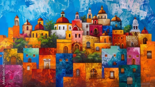 Guanajuato city skyline romantic atmospheric abstract stylish acrylic paints canvas abstract cubist acrylic painting