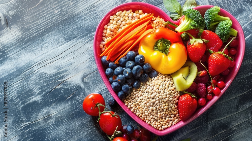 A colorful heart-shaped bowl brimming with nutritious diet foods: fresh fruits, vegetables, and whole grains, promoting heart health and cardiovascular wellness. A colorful heart-shaped bowl brimming with nutritious diet foods: fresh fruits, vegetables, and whole grains, promoting heart health and cardiovascular wellness.