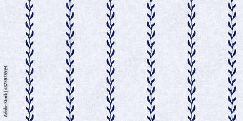 Indigo denim blue leaf motif seamless border. Japanese dye batik fabric style effect print banner swatch. 