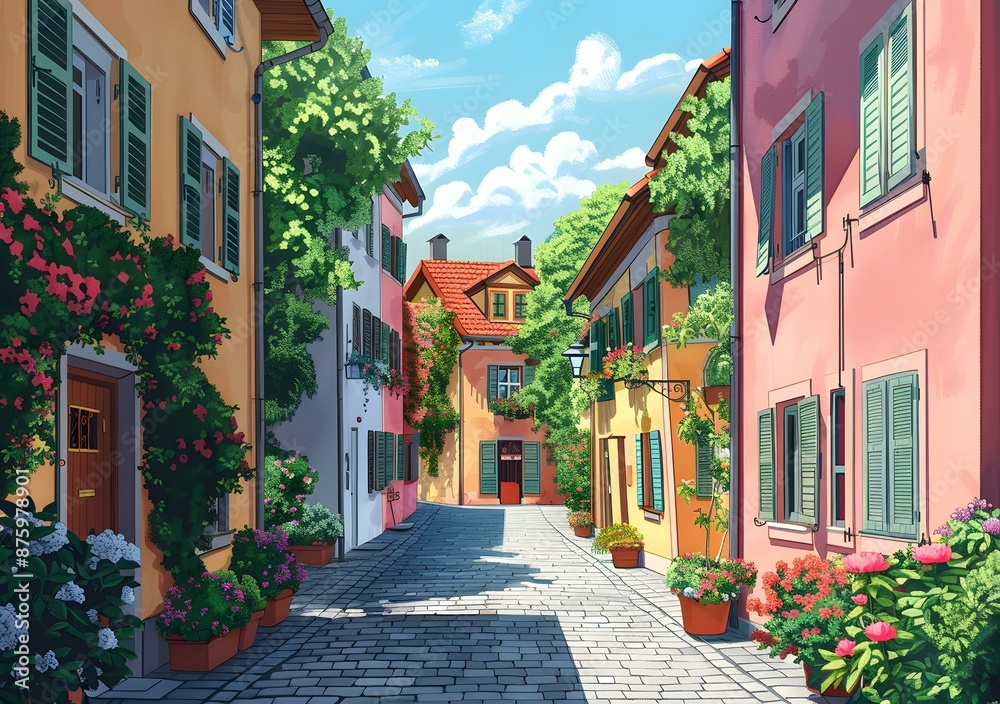 A beautiful European street with colorful houses and flowers A beautiful European street with colorful houses and flowers