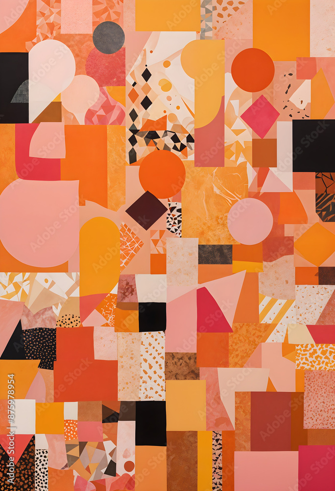 Intricate abstract painting with orange red and warm colors Geometric and irregular shapes like triangles and circles Intricate abstract painting with orange red and warm colors Geometric and irregular shapes like triangles and circles