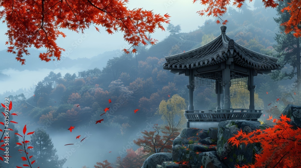 Obraz premium Mountain pavilion red maple leaves and mist