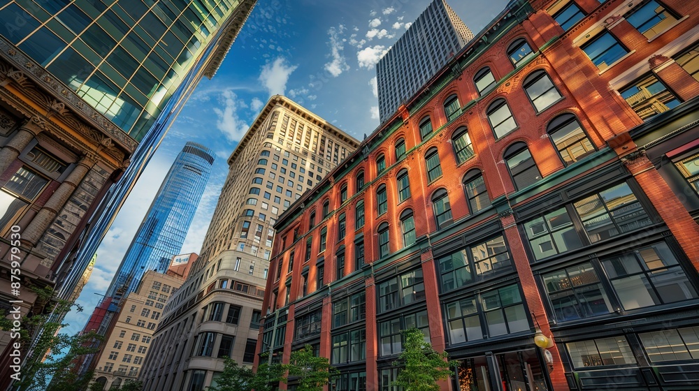 Fototapeta premium Dynamic Urban Landscape: Fusion of Modern and Historic Architecture in Business District