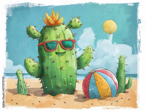 Obraz na płótnie Funny cactus cartoon character with sunglasses and a beach ball enjoying a day at the beach illustrated in a vibrant and lively style w salonie