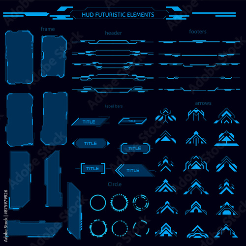 sci fi iu futuristic hud elements. Collection of Basic Communication Concepts. Frame, header, footer, Entry Arrow, circle, label bar Vector,
