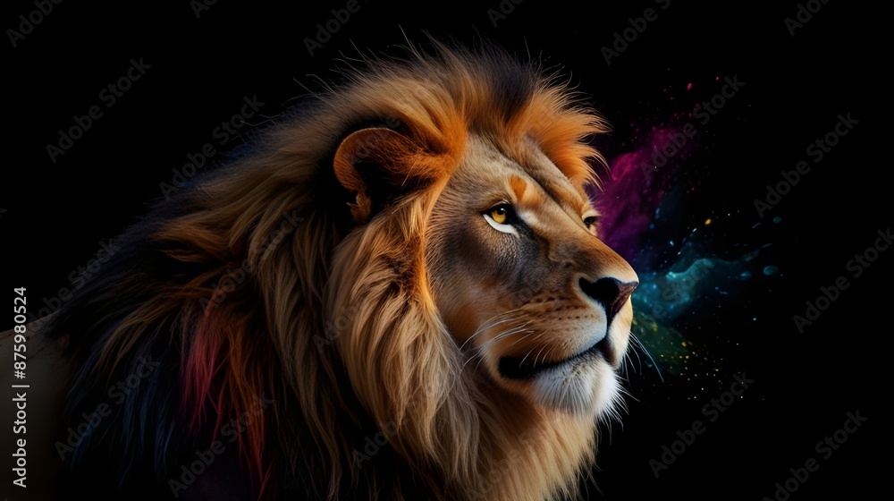 Naklejka premium Abstract Multicolored Lion Head in Flame Profile Portrait, artistic expression, digital art, animal kingdom, fantasy creature, spiritual symbolism