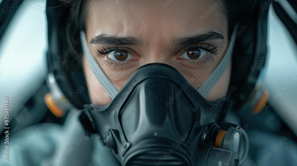 Exhilarating image of a fighter pilot in a cockpit, donning mask and helmet, set against a vivid sky with room for text. Exhilarating image of a fighter pilot in a cockpit, donning mask and helmet, set against a vivid sky with room for text.